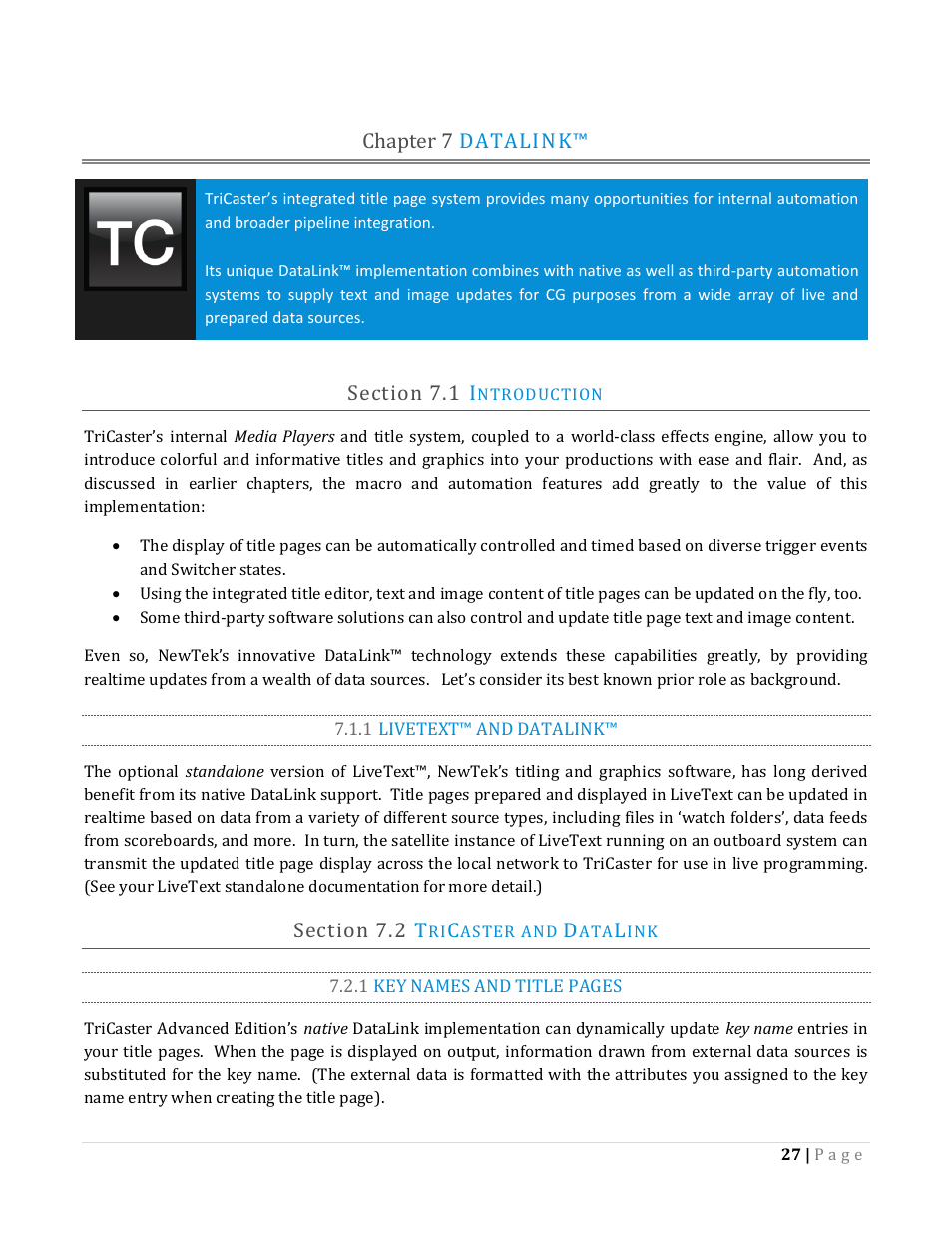 Chapter 7 datalink, Ection, Ntroduction | 1 livetext™ and datalink, Aster and | NewTek TriCaster Advanced Edition Automation and Integration Guide User Manual | Page 39 / 179