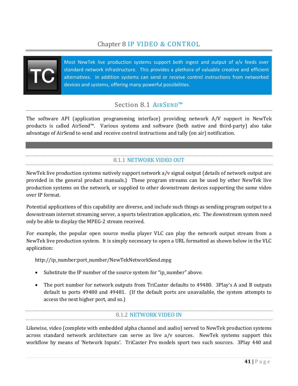 Chapter 8 ip video & control, Ection, 1 network video out | 2 network video in | NewTek TriCaster Advanced Edition Automation and Integration Guide User Manual | Page 53 / 179