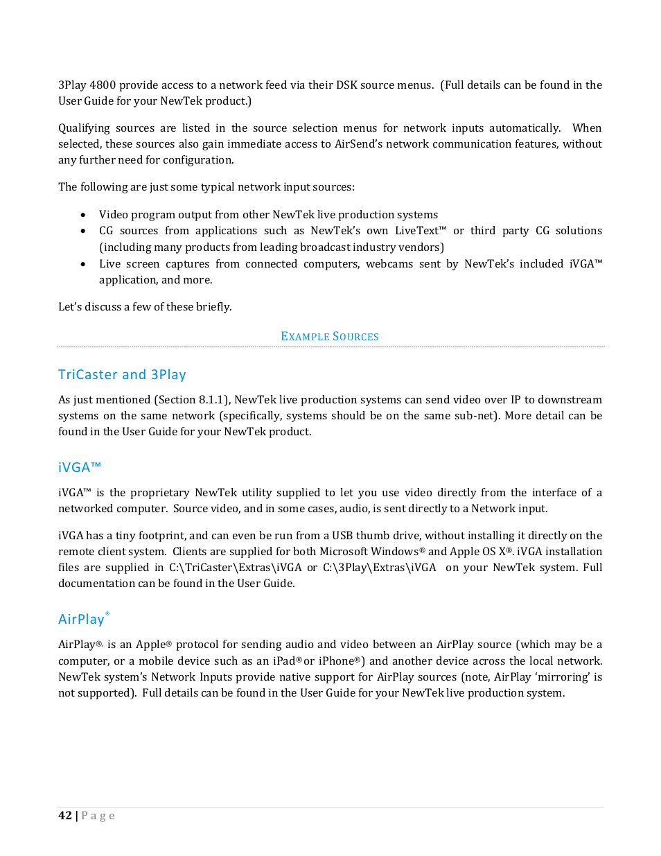 Tricaster and 3play, Ivga, Airplay | NewTek TriCaster Advanced Edition Automation and Integration Guide User Manual | Page 54 / 179