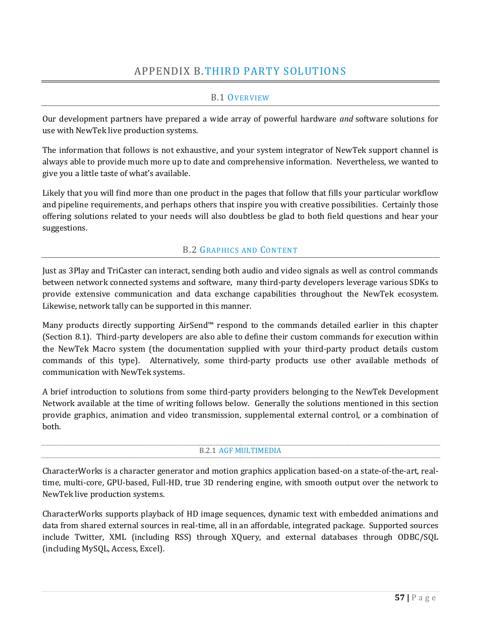 Appendix b, Third party solutions, Verview | Raphics and, Ontent, B.2.1, Agf multimedia, Appendix b. third party solutions | NewTek TriCaster Advanced Edition Automation and Integration Guide User Manual | Page 69 / 179