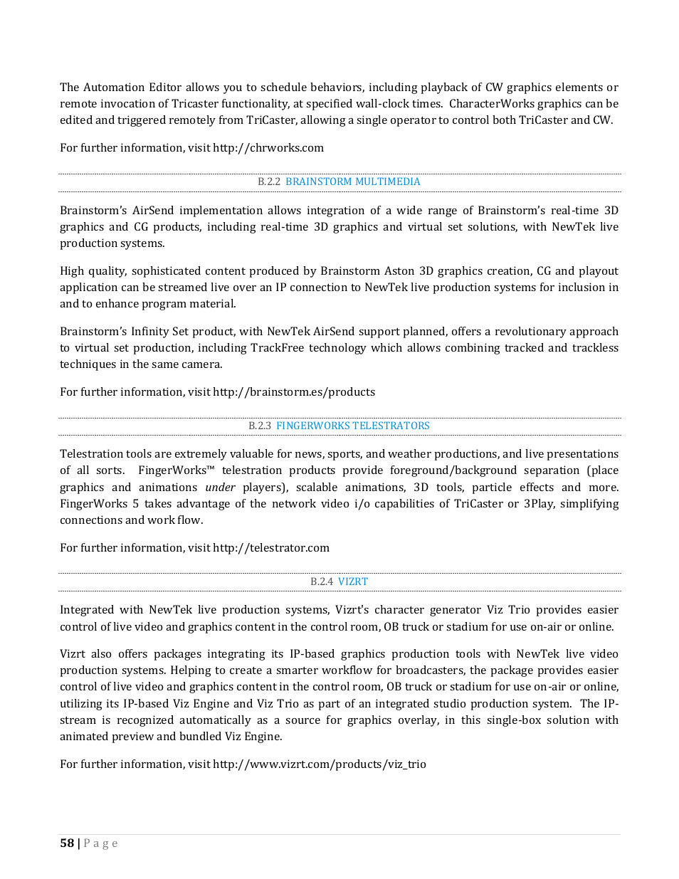 B.2.2, Brainstorm multimedia, B.2.3 | Fingerworks telestrators, B.2.4, Vizrt | NewTek TriCaster Advanced Edition Automation and Integration Guide User Manual | Page 70 / 179