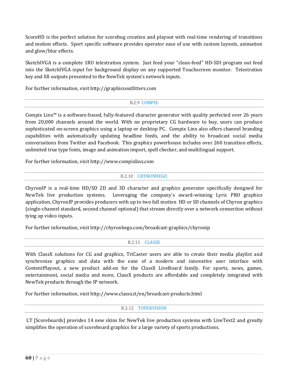 B.2.9, Compix, B.2.10 | Chyronhego, B.2.11, Classx, B.2.12, Tofervision | NewTek TriCaster Advanced Edition Automation and Integration Guide User Manual | Page 72 / 179