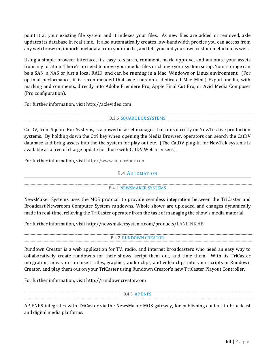 B.3.6, Square box systems, Utomation | B.4.1, Newsmaker systems, B.4.2, Rundown creator, B.4.3, Ap enps | NewTek TriCaster Advanced Edition Automation and Integration Guide User Manual | Page 75 / 179