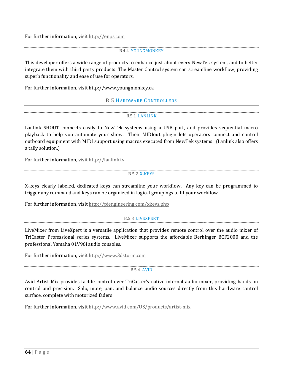 B.4.4, Youngmonkey, Ardware | Ontrollers, B.5.1, Lanlink, B.5.2, X-keys, B.5.3, Livexpert | NewTek TriCaster Advanced Edition Automation and Integration Guide User Manual | Page 76 / 179