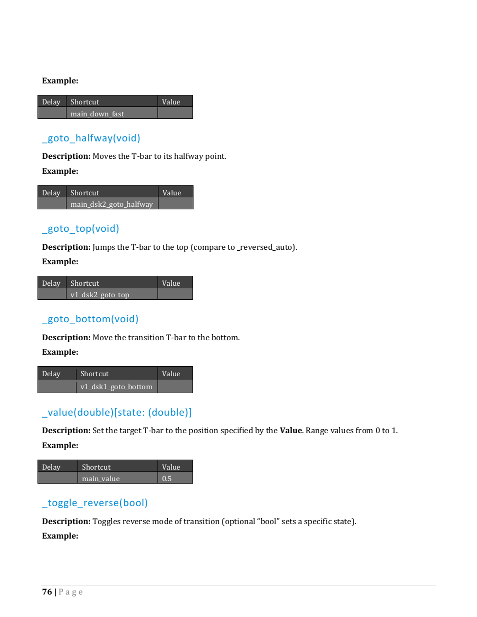 Goto_halfway(void), Goto_top(void), Goto_bottom(void) | Value(double)[state: (double), Toggle_reverse(bool) | NewTek TriCaster Advanced Edition Automation and Integration Guide User Manual | Page 88 / 179