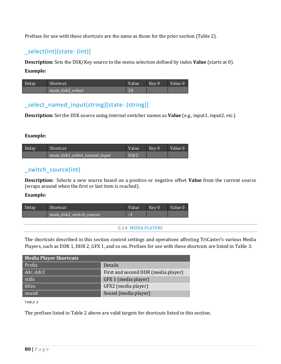 C.1.4, Media players, Select(int)[state: (int) | Select_named_input(string)[state: (string), Switch_source(int) | NewTek TriCaster Advanced Edition Automation and Integration Guide User Manual | Page 92 / 179