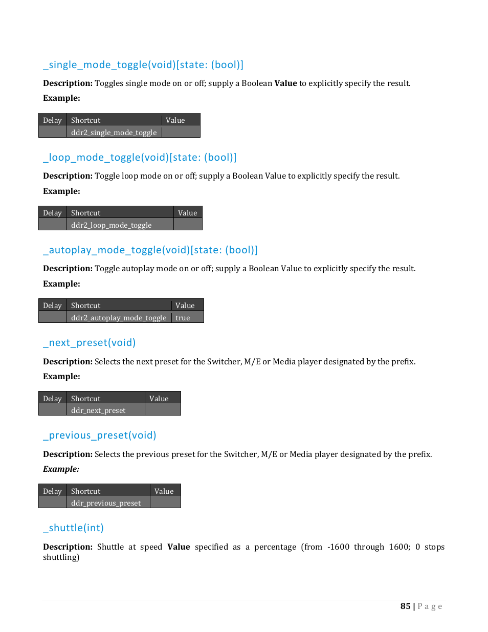 Single_mode_toggle(void)[state: (bool), Loop_mode_toggle(void)[state: (bool), Autoplay_mode_toggle(void)[state: (bool) | Next_preset(void), Previous_preset(void), Shuttle(int) | NewTek TriCaster Advanced Edition Automation and Integration Guide User Manual | Page 97 / 179