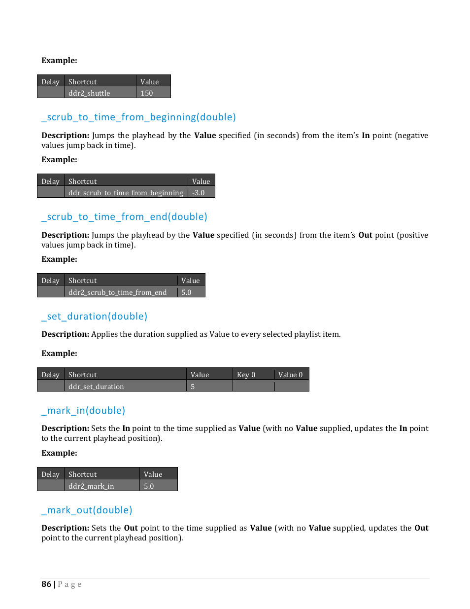 Scrub_to_time_from_beginning(double), Scrub_to_time_from_end(double), Set_duration(double) | Mark_in(double), Mark_out(double) | NewTek TriCaster Advanced Edition Automation and Integration Guide User Manual | Page 98 / 179