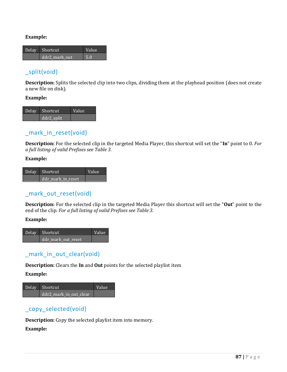 Split(void), Mark_in_reset(void), Mark_out_reset(void) | Mark_in_out_clear(void), Copy_selected(void) | NewTek TriCaster Advanced Edition Automation and Integration Guide User Manual | Page 99 / 179