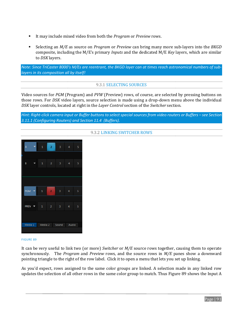 1 selecting sources, 2 linking switcher rows | NewTek TriCaster Advanced Edition User Guide User Manual | Page 103 / 342