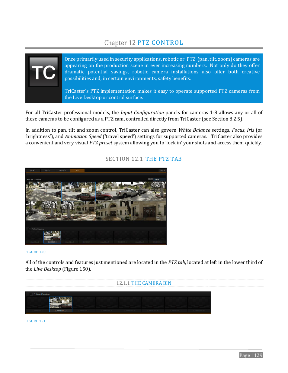 Ptz control, Ection, 1 the camera bin | NewTek TriCaster Advanced Edition User Guide User Manual | Page 141 / 342