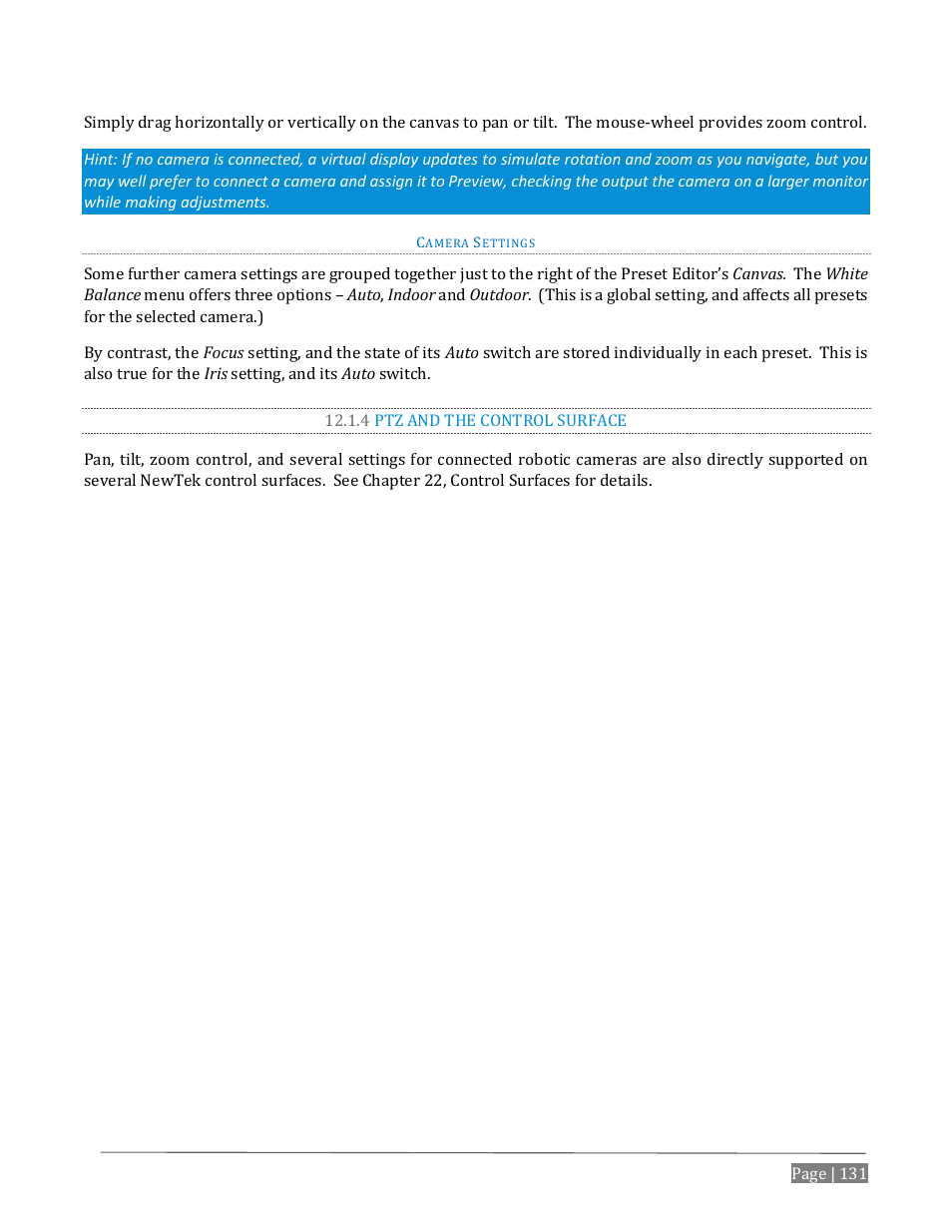 4 ptz and the control surface, On 12.1.4 | NewTek TriCaster Advanced Edition User Guide User Manual | Page 143 / 342