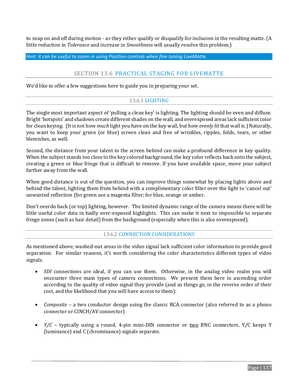 Ection, Ractical, Taging for | Atte, 1 lighting, 2 connection considerations | NewTek TriCaster Advanced Edition User Guide User Manual | Page 149 / 342