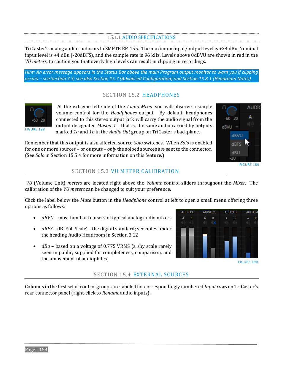 1 audio specifications, Ection, Eadphones | Eter, Alibration, Xternal, Ources | NewTek TriCaster Advanced Edition User Guide User Manual | Page 166 / 342