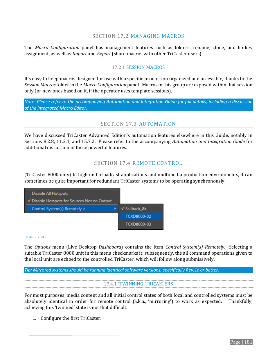 Ection, Anaging, Acros | 1 session macros, Utomation, Emote, Ontrol, 1 ‘twinning’ tricasters | NewTek TriCaster Advanced Edition User Guide User Manual | Page 193 / 342