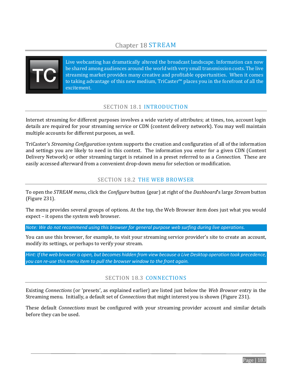 Stream, Ection, Ntroduction | Rowser, Onnections, Ee chapter 18) | NewTek TriCaster Advanced Edition User Guide User Manual | Page 195 / 342