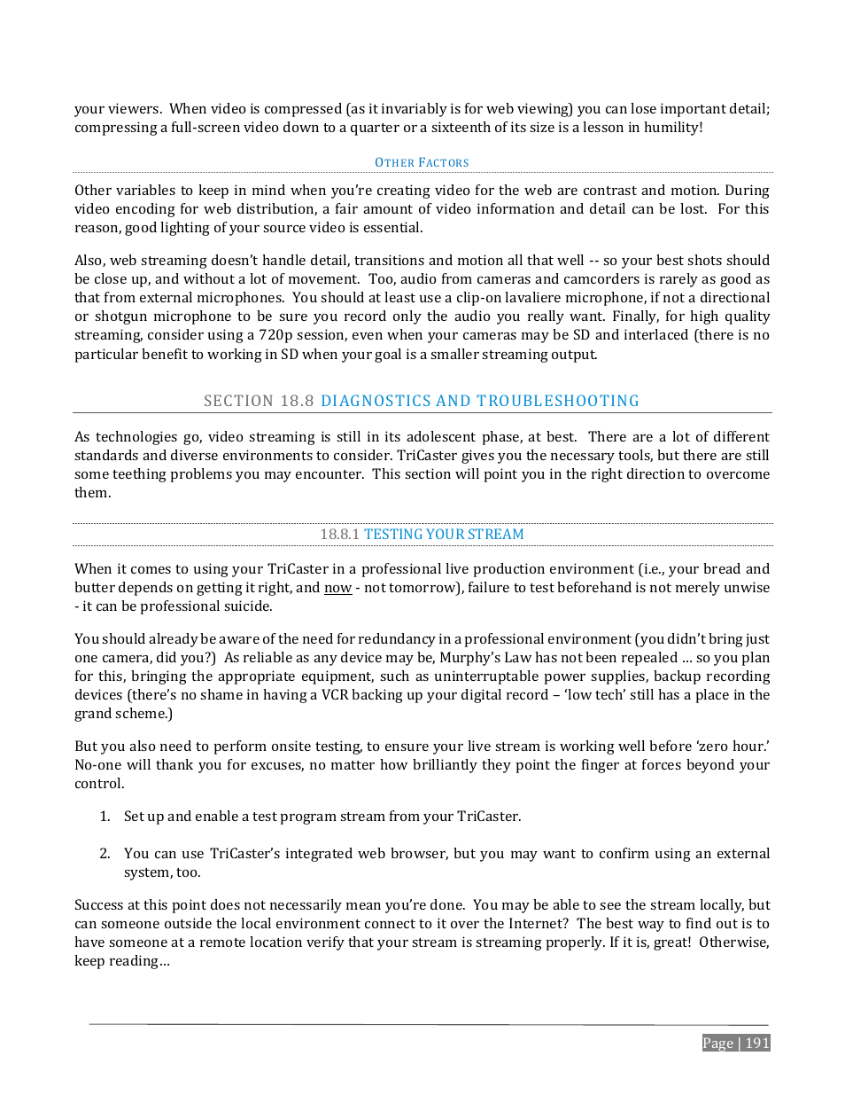 Ection, Iagnostics and, Roubleshooting | 1 testing your stream | NewTek TriCaster Advanced Edition User Guide User Manual | Page 203 / 342