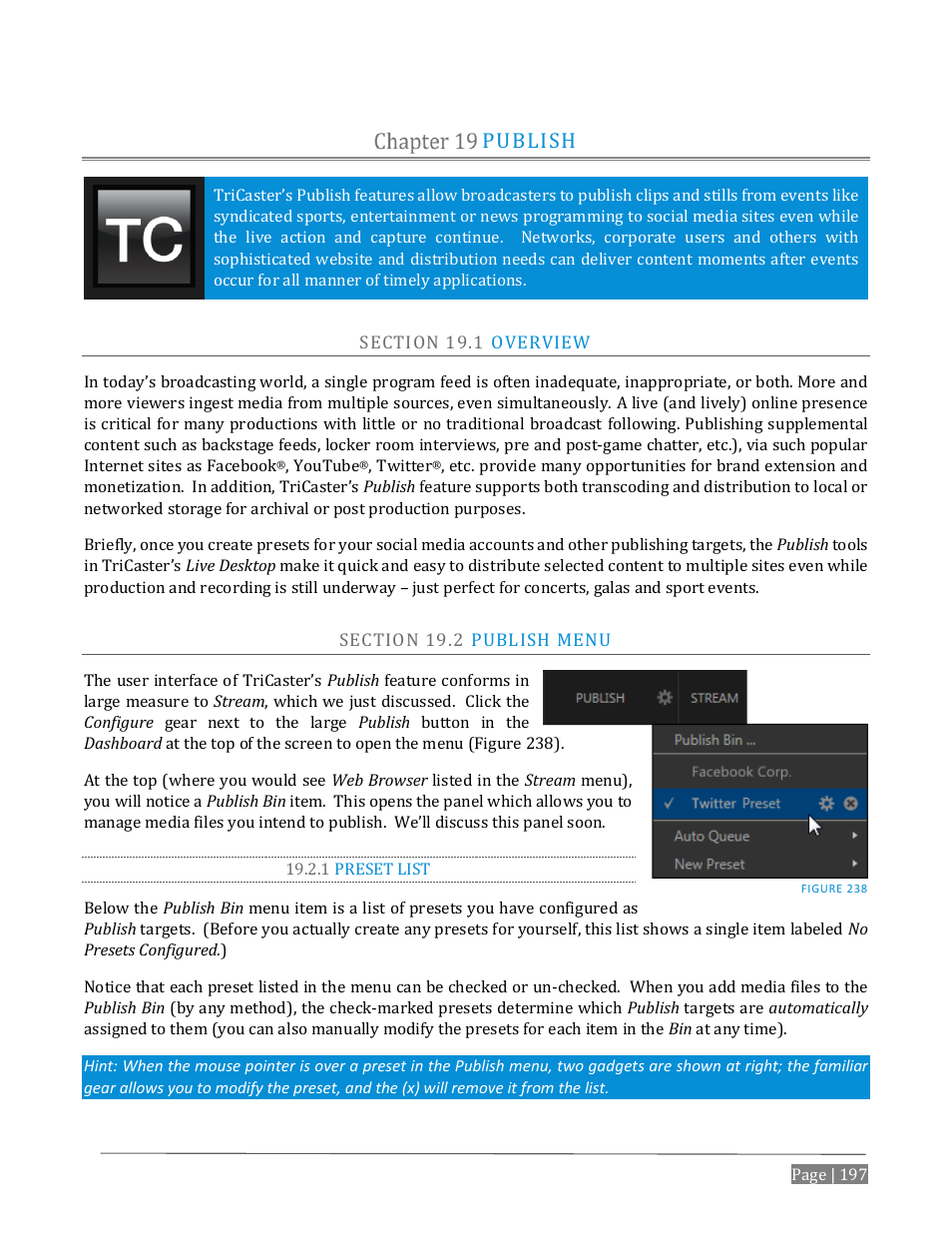 Publish, Ection, Verview | Ublish, 1 preset list | NewTek TriCaster Advanced Edition User Guide User Manual | Page 209 / 342