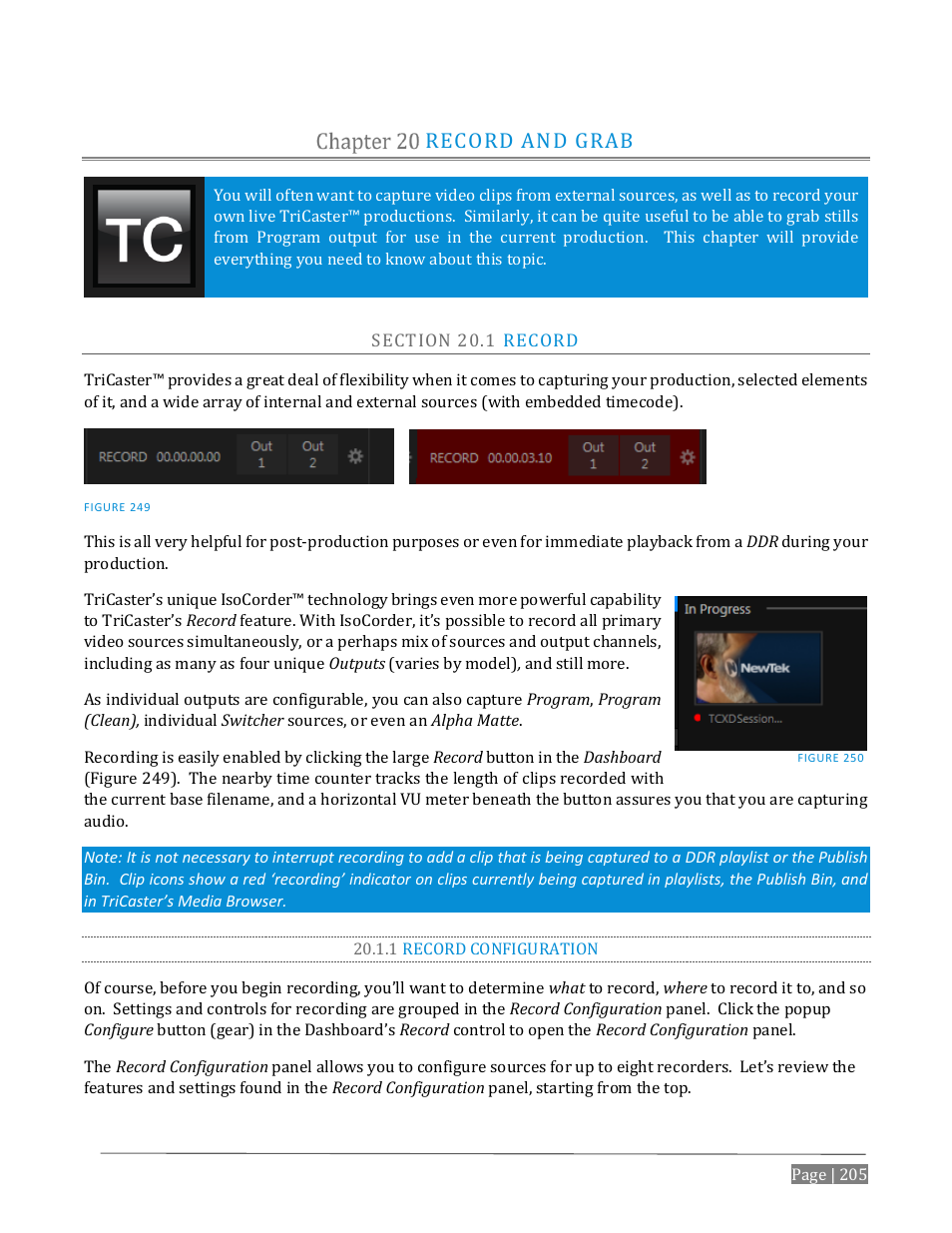 Record and grab, Ection, Ecord | 1 record configuration, E chapter 20), Chapter 20) | NewTek TriCaster Advanced Edition User Guide User Manual | Page 217 / 342