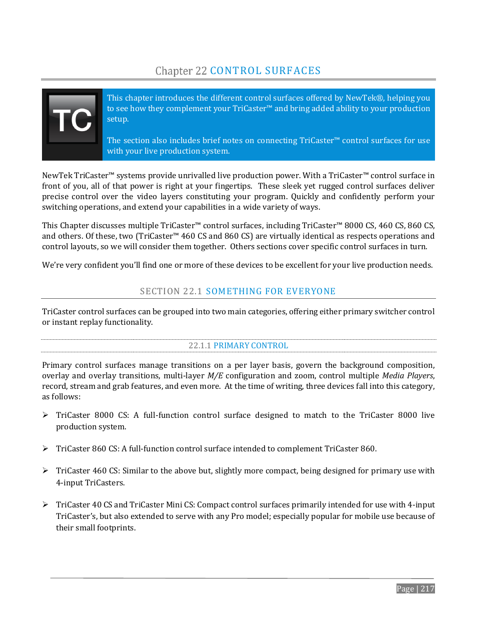 Control surfaces, Ection, Omething for | Veryone, 1 primary control | NewTek TriCaster Advanced Edition User Guide User Manual | Page 229 / 342