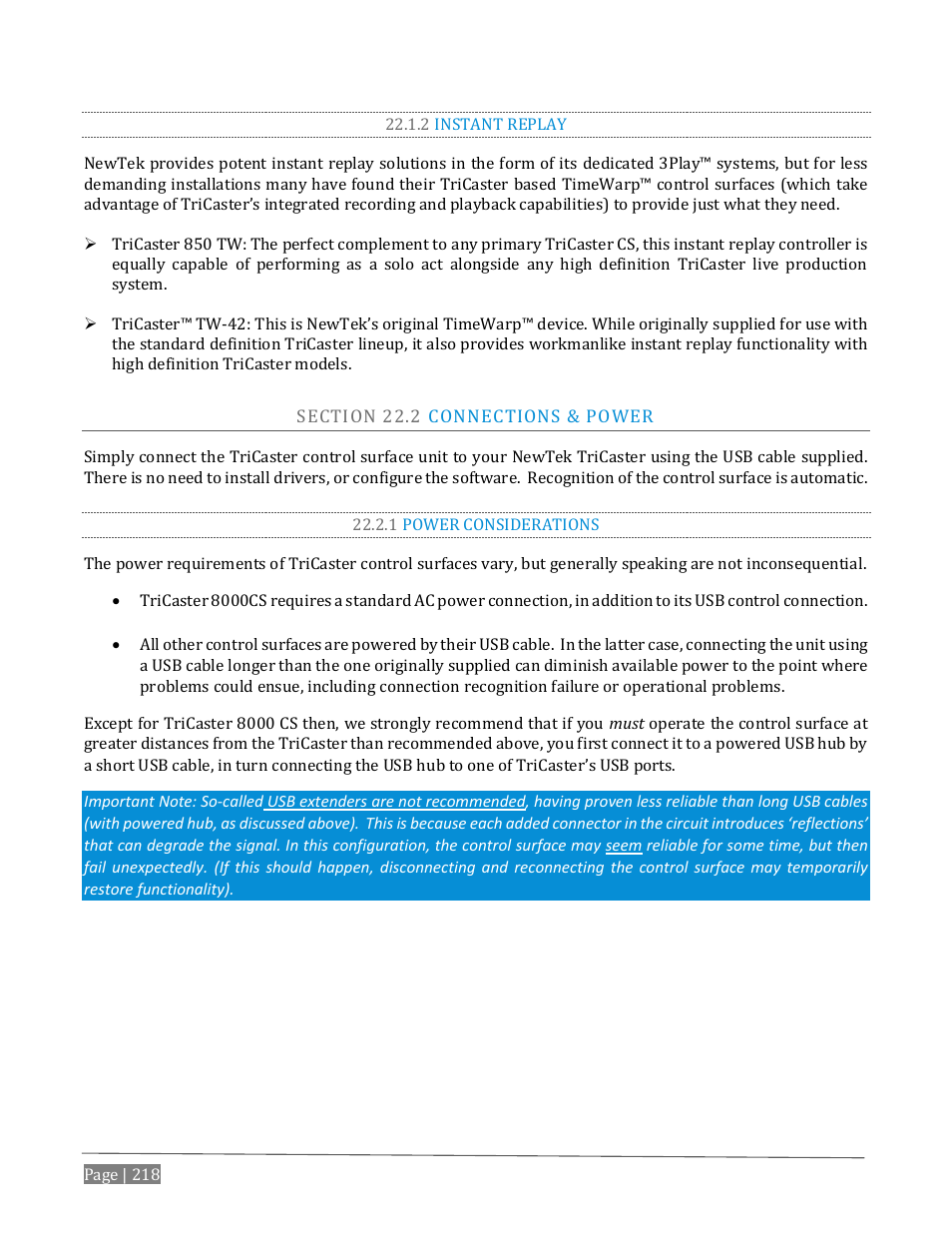 2 instant replay, Ection, Onnections | Ower, 1 power considerations | NewTek TriCaster Advanced Edition User Guide User Manual | Page 230 / 342