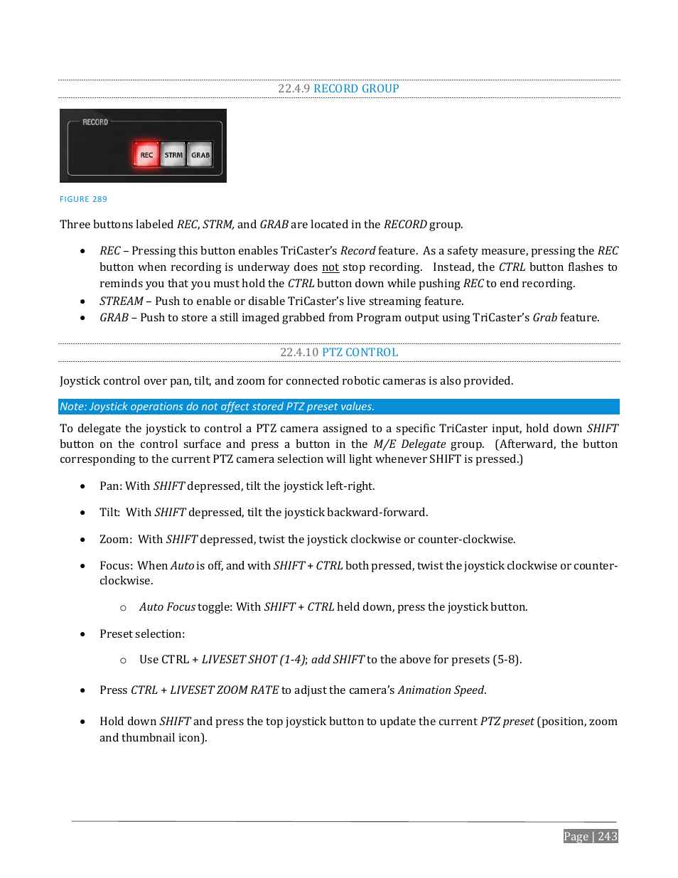 9 record group, 10 ptz control | NewTek TriCaster Advanced Edition User Guide User Manual | Page 255 / 342