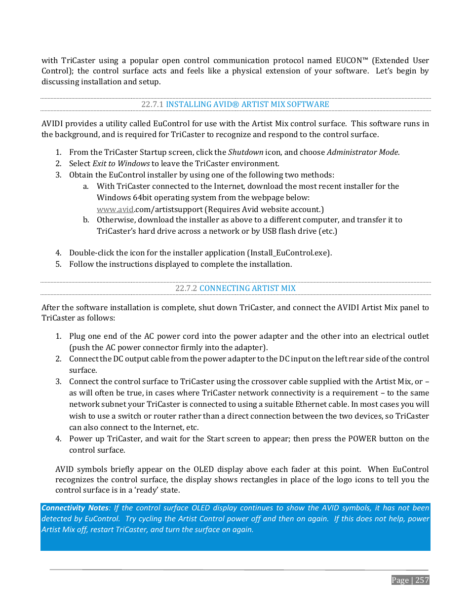 1 installing avid® artist mix software, 2 connecting artist mix | NewTek TriCaster Advanced Edition User Guide User Manual | Page 269 / 342