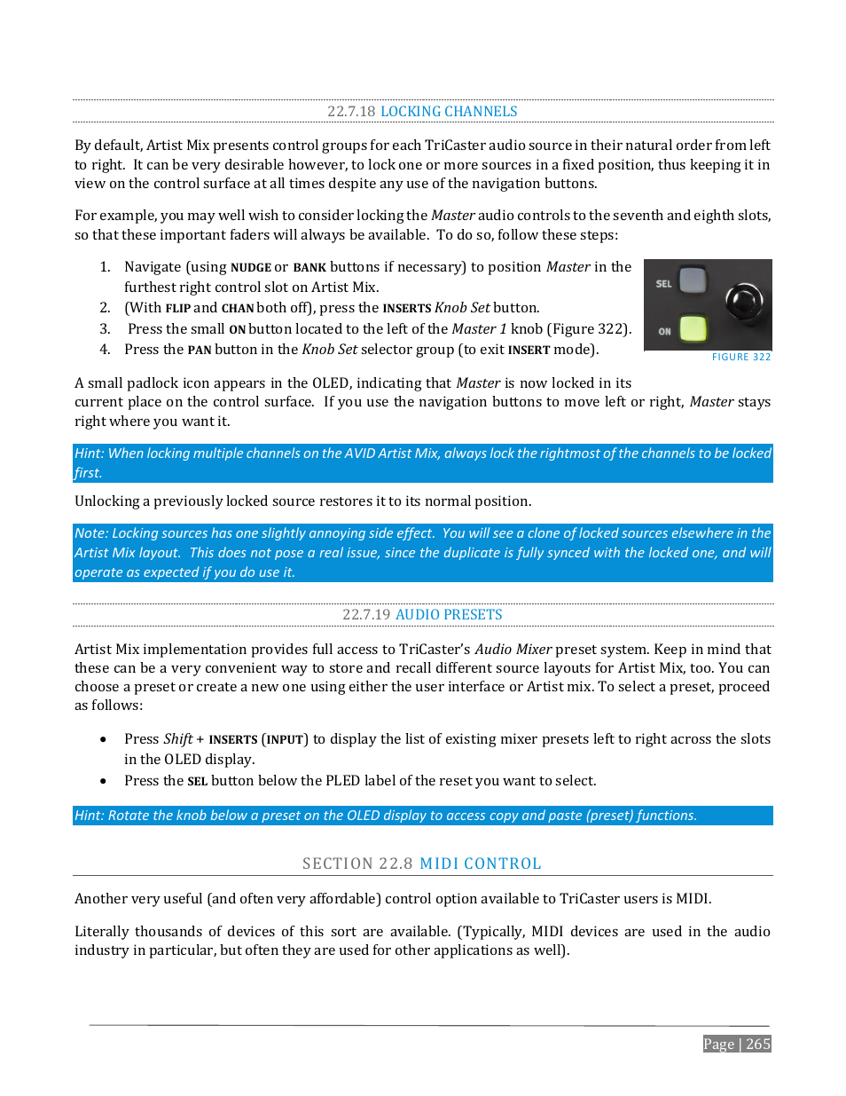 18 locking channels, 19 audio presets, Ection | Midi, Ontrol | NewTek TriCaster Advanced Edition User Guide User Manual | Page 277 / 342