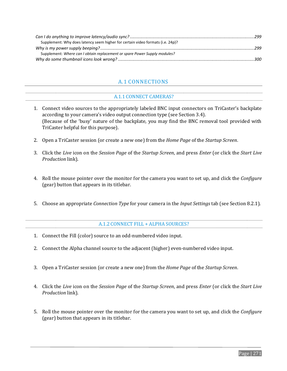 Onnections, A.1.1, Connect cameras | A.1.2, Connect fill + alpha sources | NewTek TriCaster Advanced Edition User Guide User Manual | Page 283 / 342