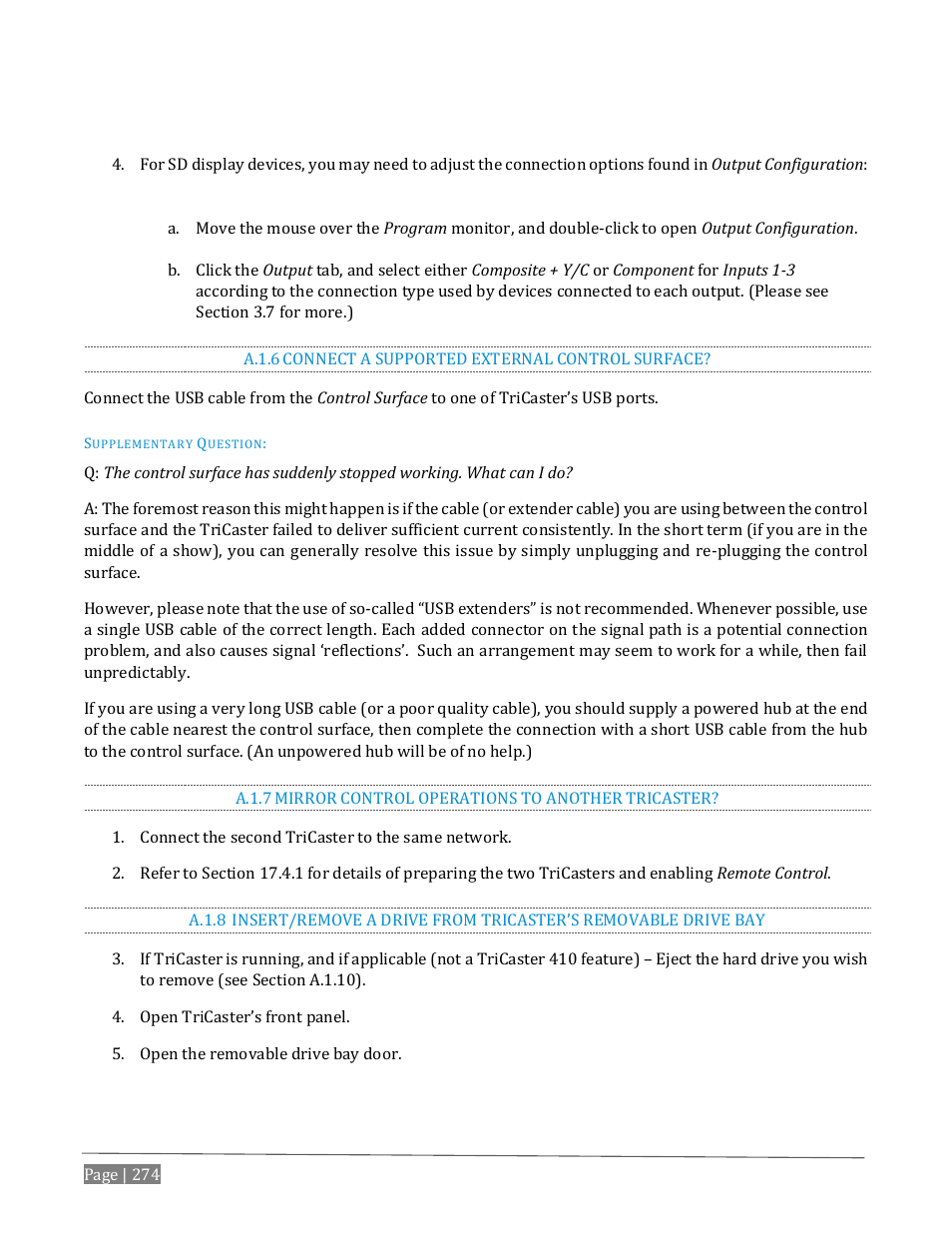 A.1.6, Connect a supported external control surface, A.1.7 | Mirror control operations to another tricaster, A.1.8 | NewTek TriCaster Advanced Edition User Guide User Manual | Page 286 / 342