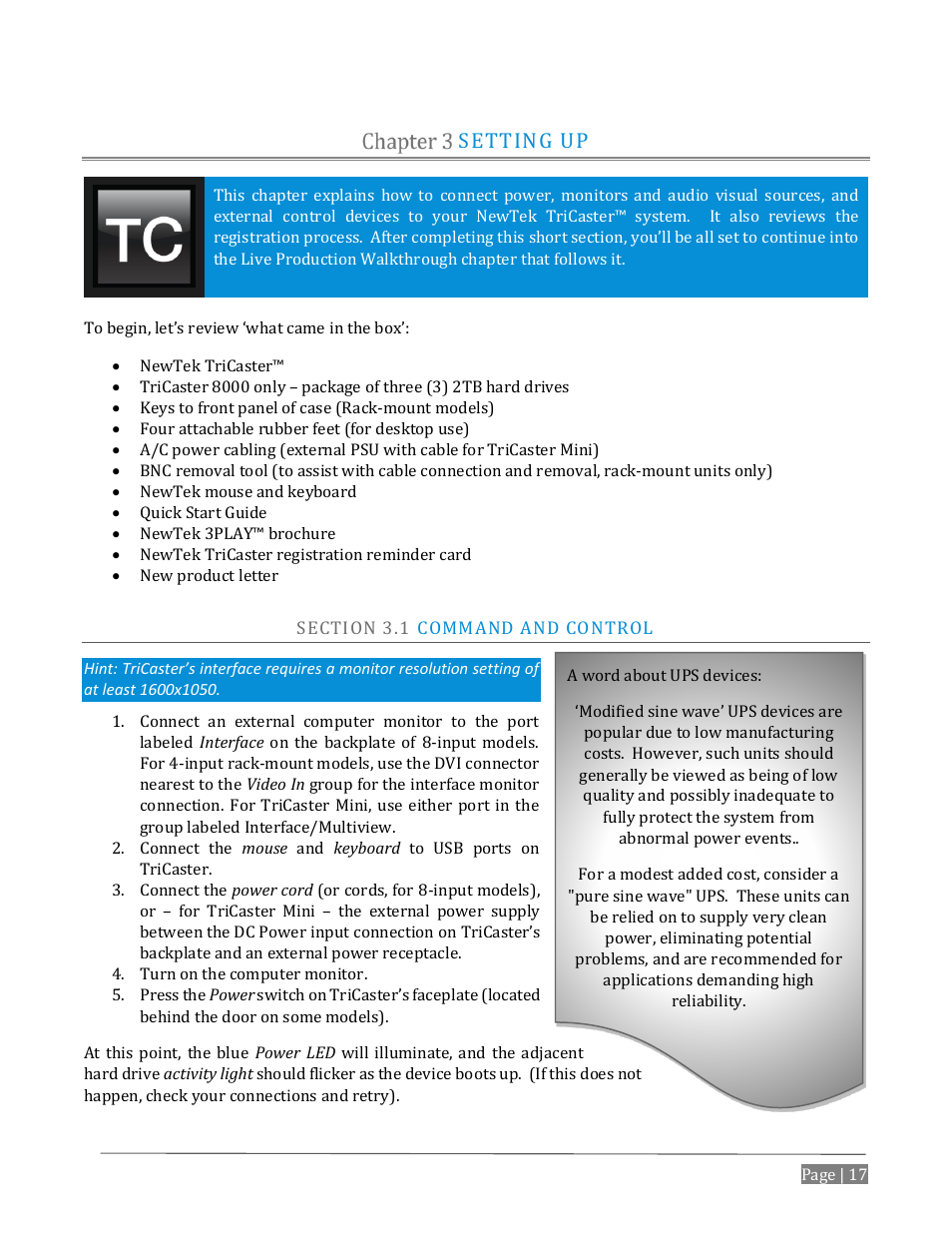 Setting up, Ection, Ommand and | Ontrol | NewTek TriCaster Advanced Edition User Guide User Manual | Page 29 / 342