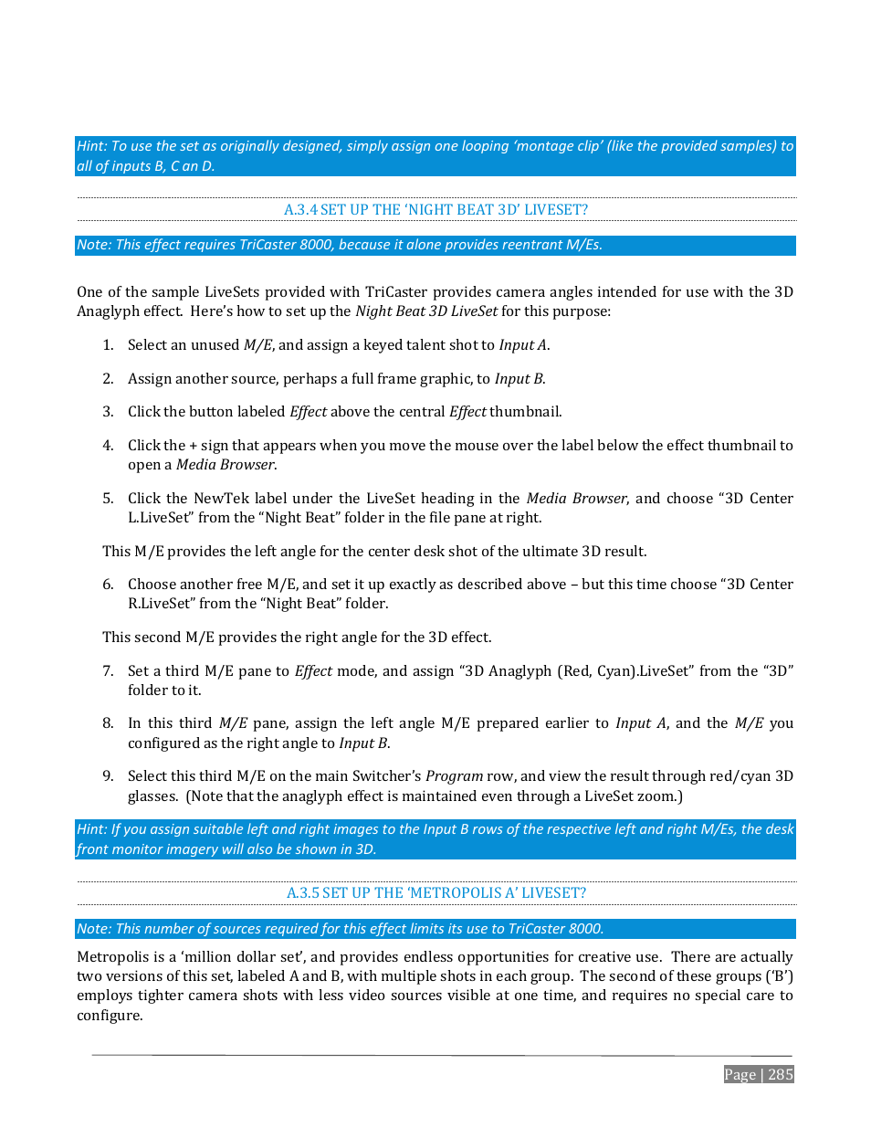 A.3.4, Set up the ‘night beat 3d’ liveset, A.3.5 | Set up the ‘metropolis a’ liveset | NewTek TriCaster Advanced Edition User Guide User Manual | Page 297 / 342