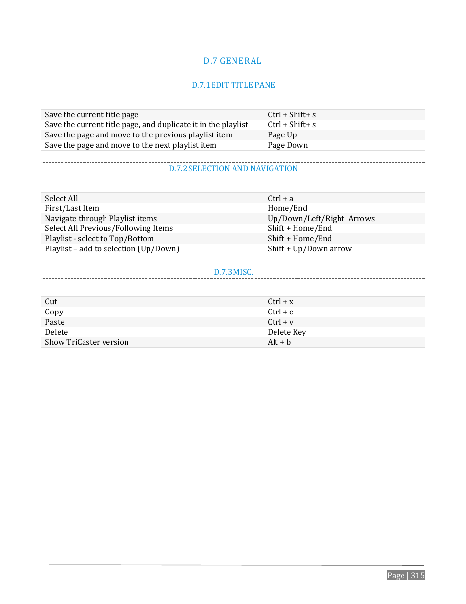 Eneral, D.7.1, Edit title pane | D.7.2, Selection and navigation, D.7.3, Misc | NewTek TriCaster Advanced Edition User Guide User Manual | Page 327 / 342