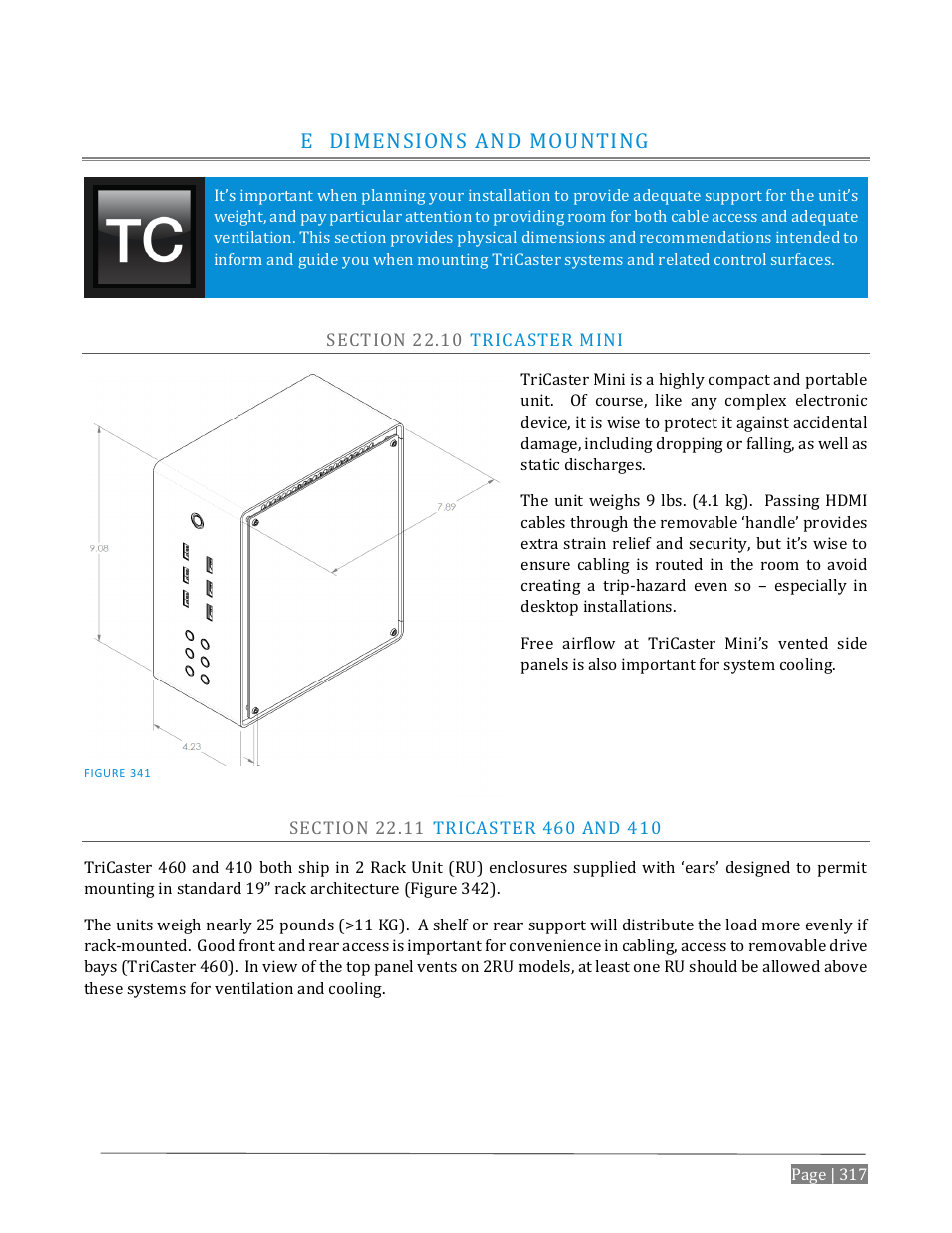 Dimensions and mounting, Ection, Aster | E dimensions and mounting | NewTek TriCaster Advanced Edition User Guide User Manual | Page 329 / 342