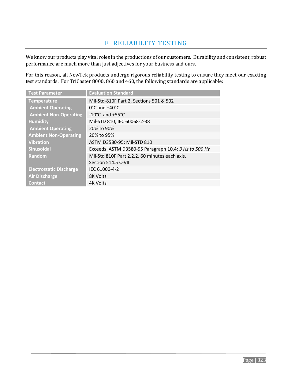 Reliability testing, F reliability testing | NewTek TriCaster Advanced Edition User Guide User Manual | Page 335 / 342