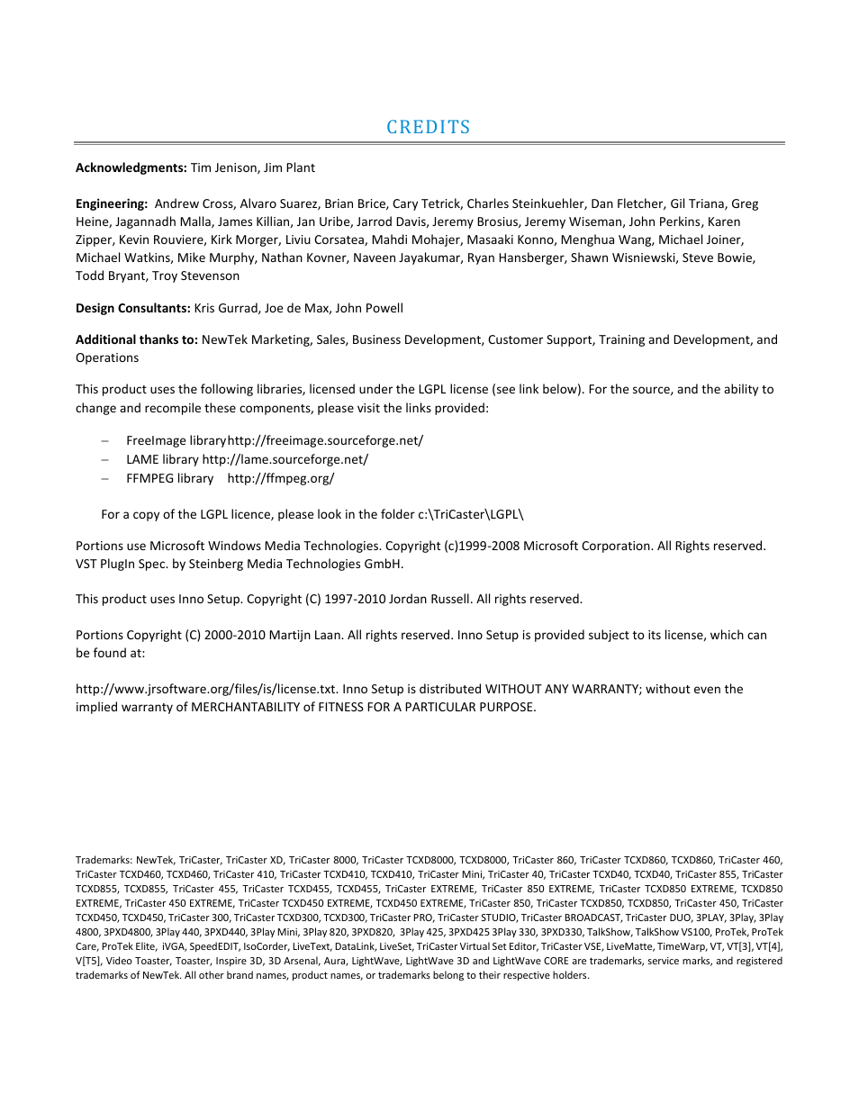 Credits | NewTek TriCaster Advanced Edition User Guide User Manual | Page 341 / 342