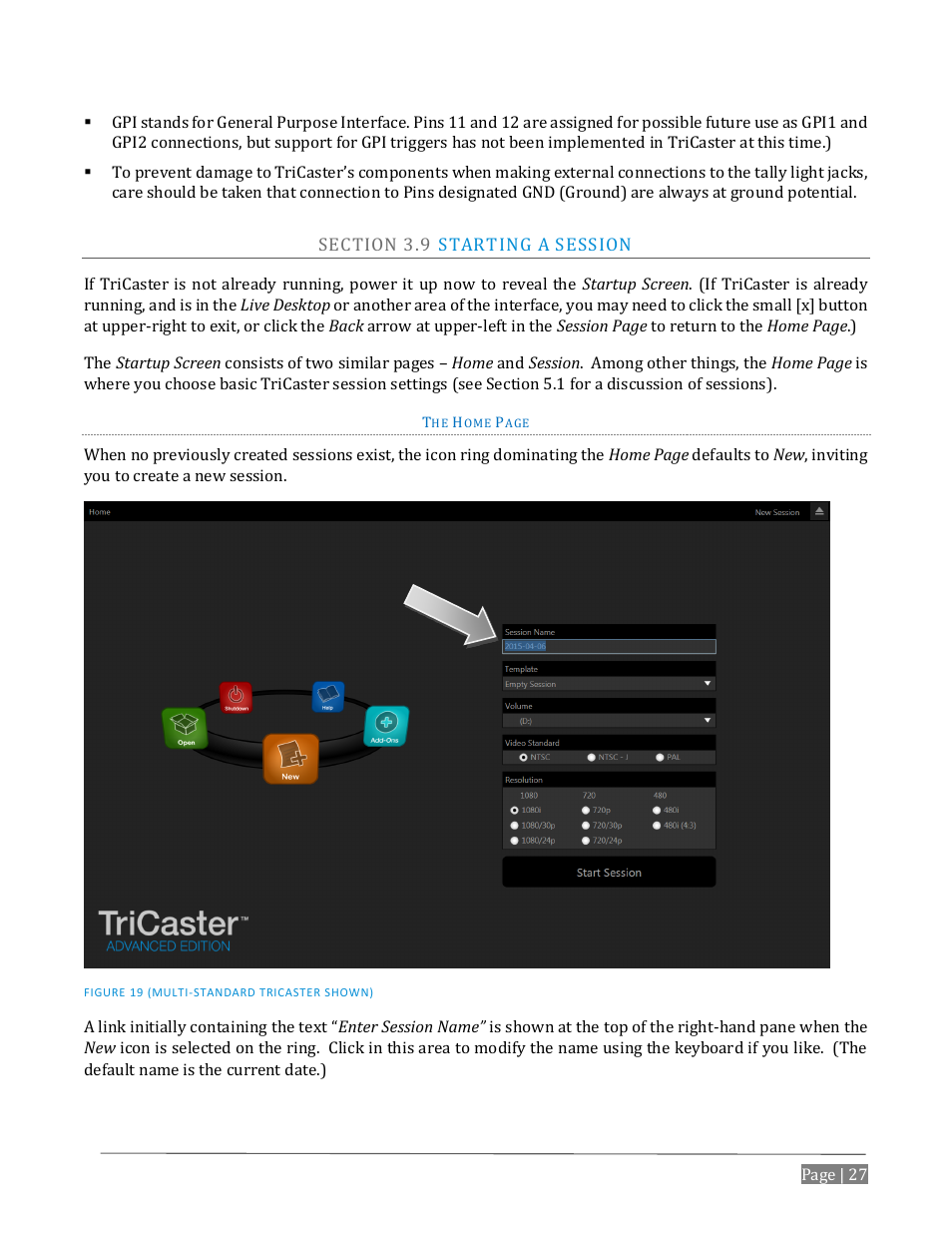 Ection, Tarting a, Ession | NewTek TriCaster Advanced Edition User Guide User Manual | Page 39 / 342