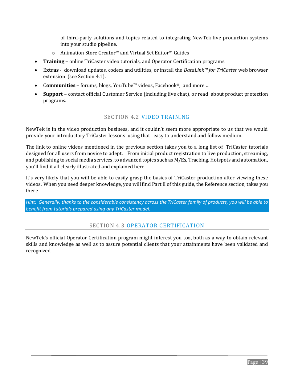 Ection, Ideo, Raining | Perator, Ertification | NewTek TriCaster Advanced Edition User Guide User Manual | Page 51 / 342