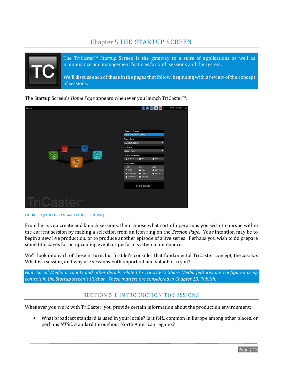 The startup screen, Ection, Ntroduction to | Essions | NewTek TriCaster Advanced Edition User Guide User Manual | Page 55 / 342