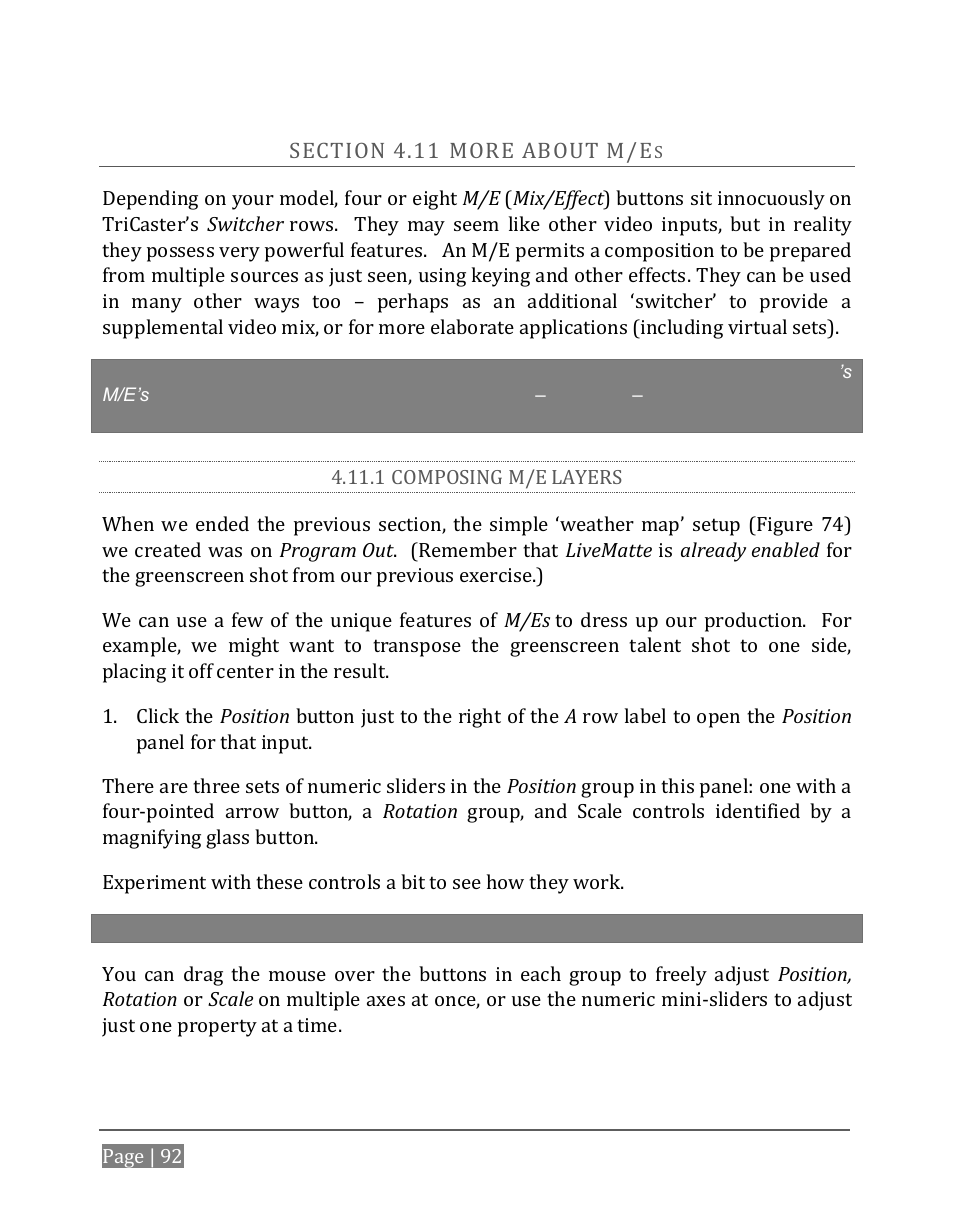 Ection, Bout, 1 composing m/e layers | Section 4.11 (more about m/e | NewTek TriCaster 8000 User Manual | Page 108 / 529