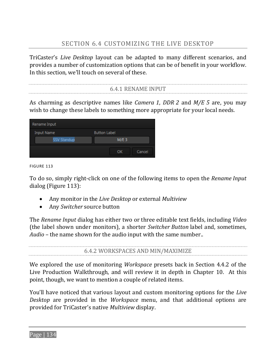 Ection, Ustomizing the, Esktop | 1 rename input, 2 workspaces and min/maximize | NewTek TriCaster 8000 User Manual | Page 150 / 529