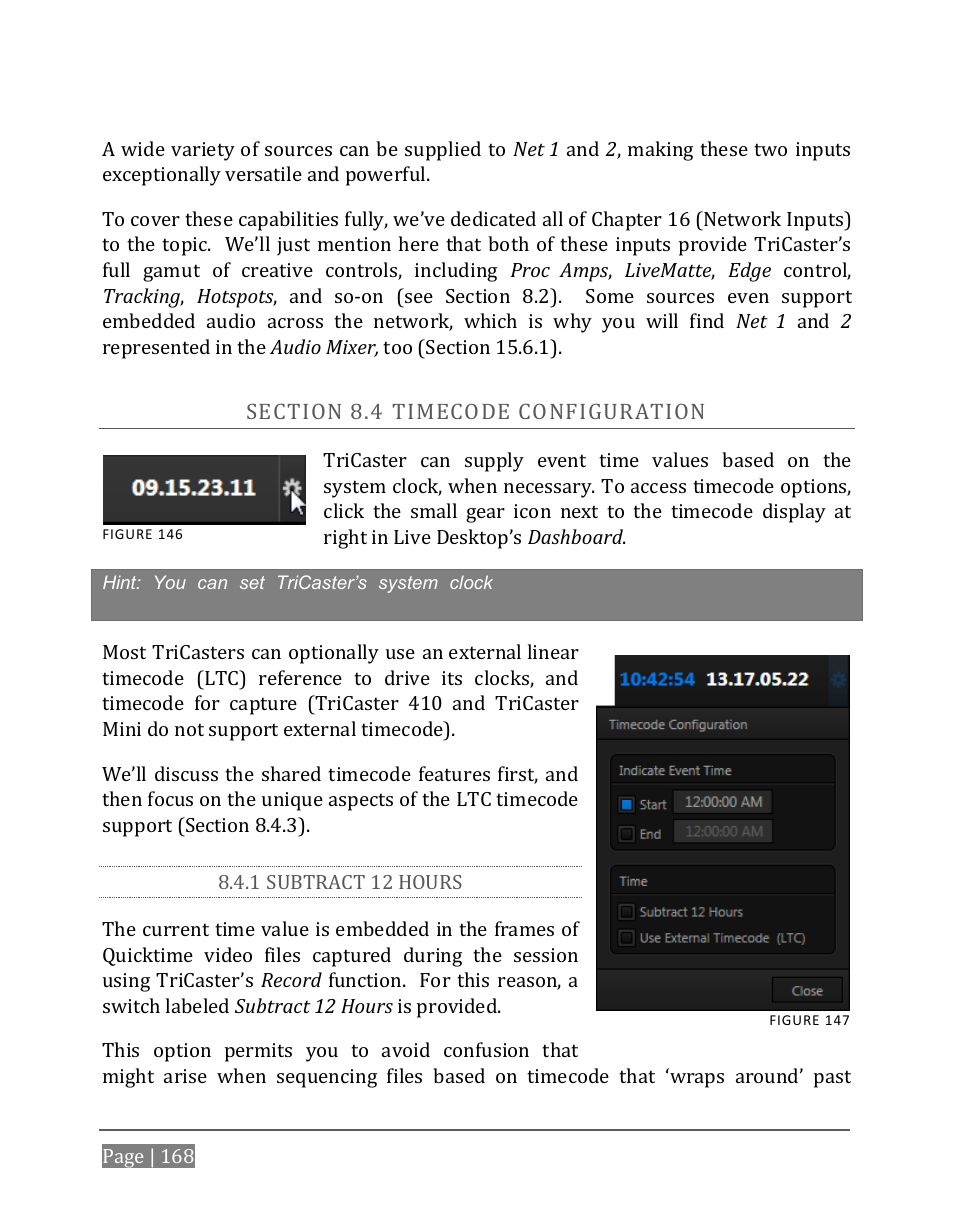 Ection, Imecode, Onfiguration | 1 subtract 12 hours | NewTek TriCaster 8000 User Manual | Page 184 / 529