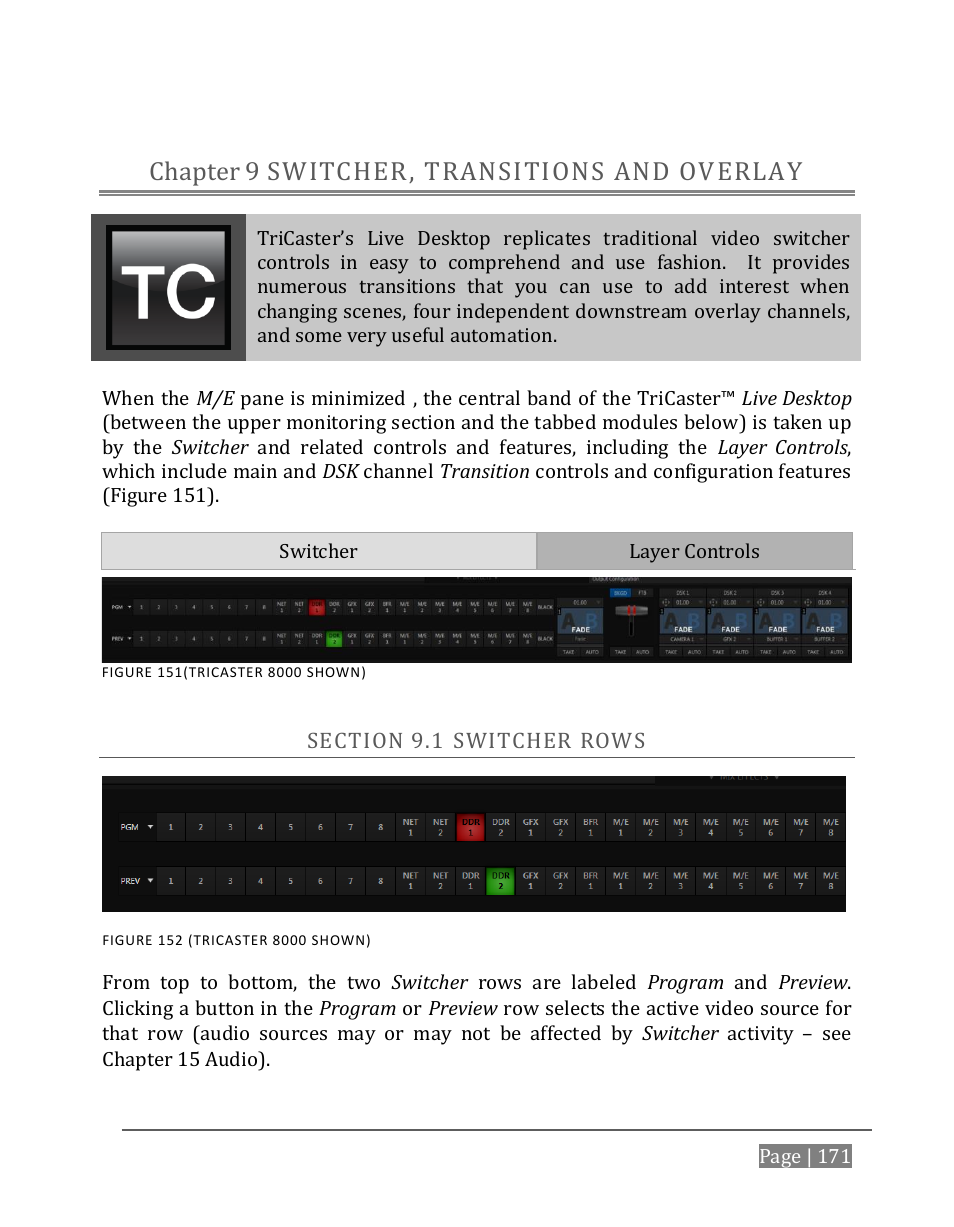 Switcher, transitions and overlay, Chapter 9, Ection | Witcher, Switcher, transitions and overlay chapter 9 | NewTek TriCaster 8000 User Manual | Page 187 / 529