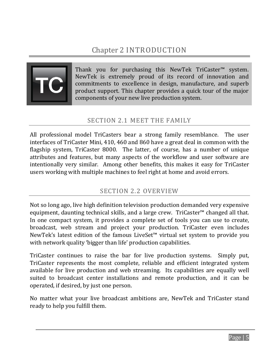 Introduction, Chapter 2, Ection | Eet the, Amily, Verview, Introduction chapter 2 | NewTek TriCaster 8000 User Manual | Page 21 / 529