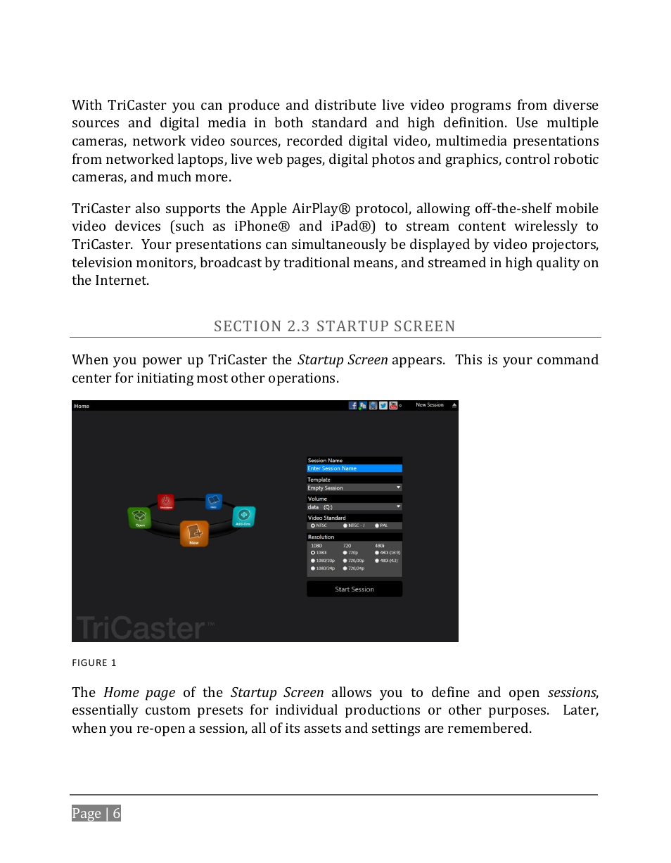 Ection, Tartup, Creen | NewTek TriCaster 8000 User Manual | Page 22 / 529