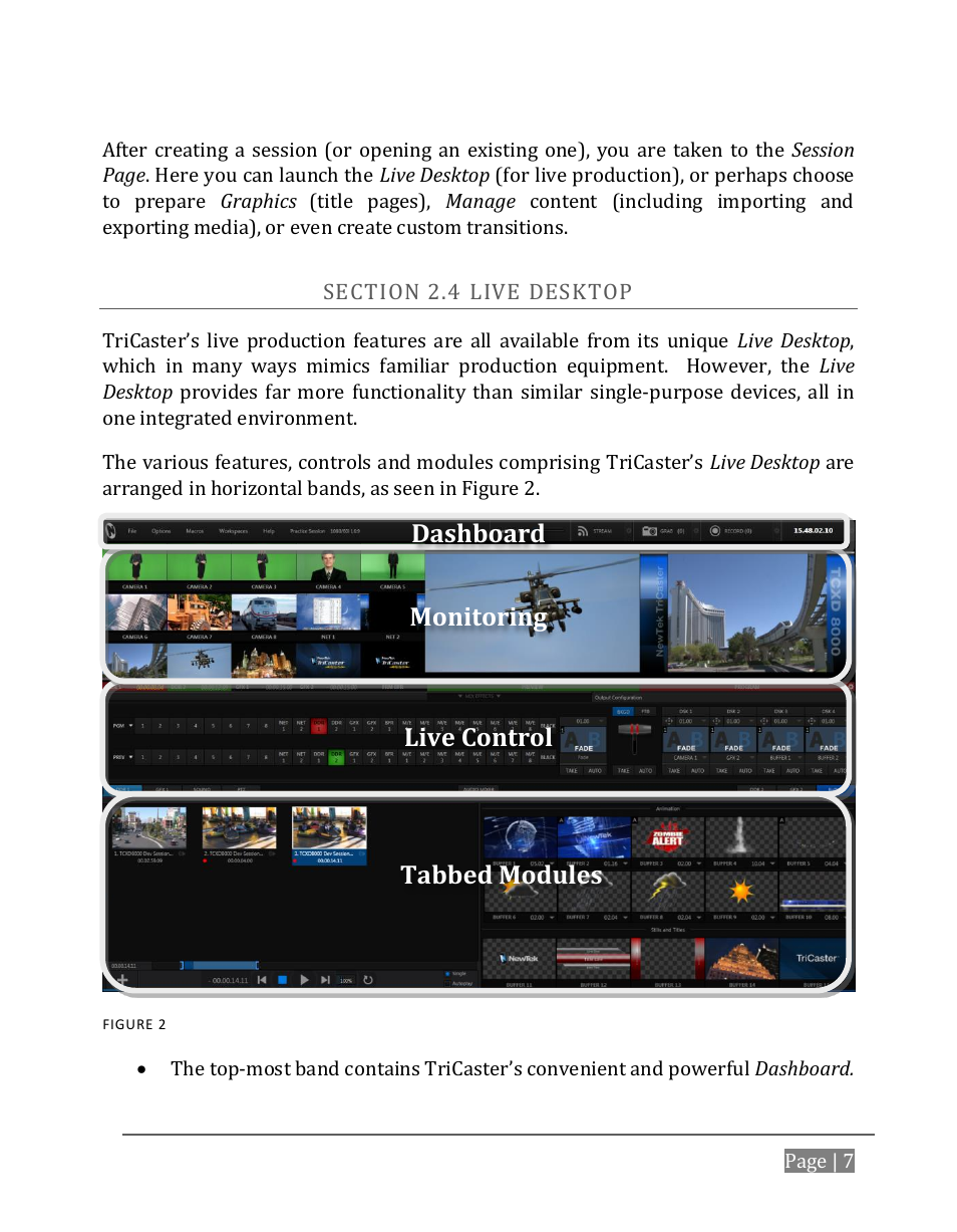 Ection, Esktop, Monitoring dashboard live control tabbed modules | NewTek TriCaster 8000 User Manual | Page 23 / 529