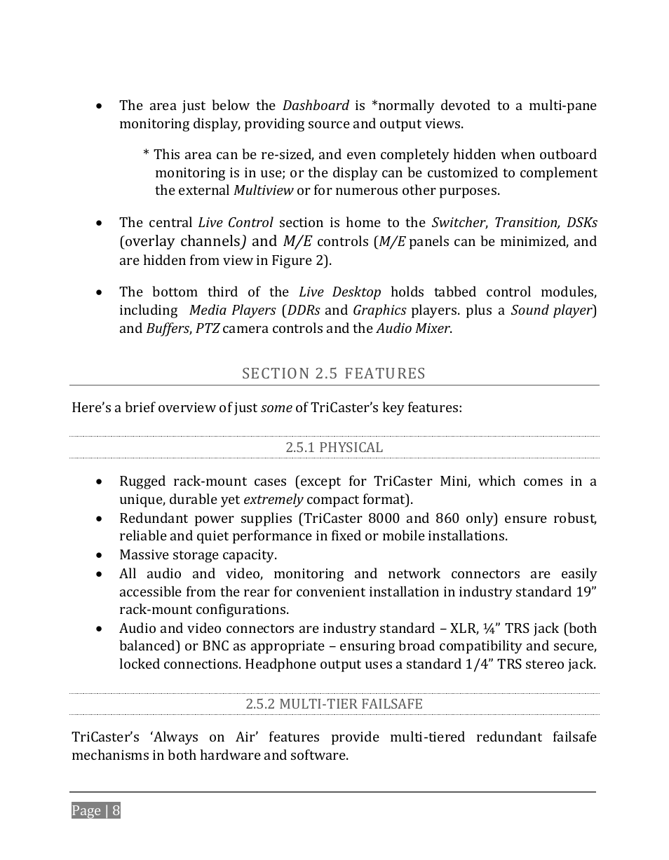 Ection, Eatures, 1 physical | 2 multi-tier failsafe | NewTek TriCaster 8000 User Manual | Page 24 / 529