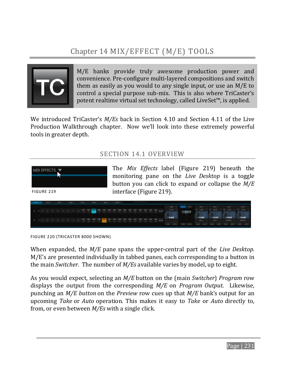 Mix/effect (m/e) tools, Chapter 14, Ection | Verview, Mix/effect (m/e) tools chapter 14 | NewTek TriCaster 8000 User Manual | Page 247 / 529