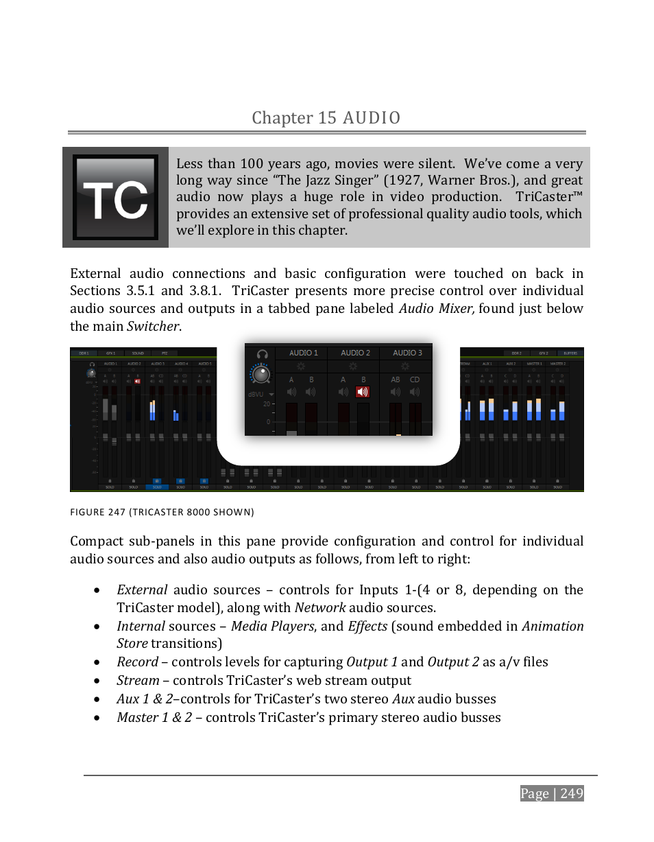 Audio, Chapter 15, Audio chapter 15 | NewTek TriCaster 8000 User Manual | Page 265 / 529