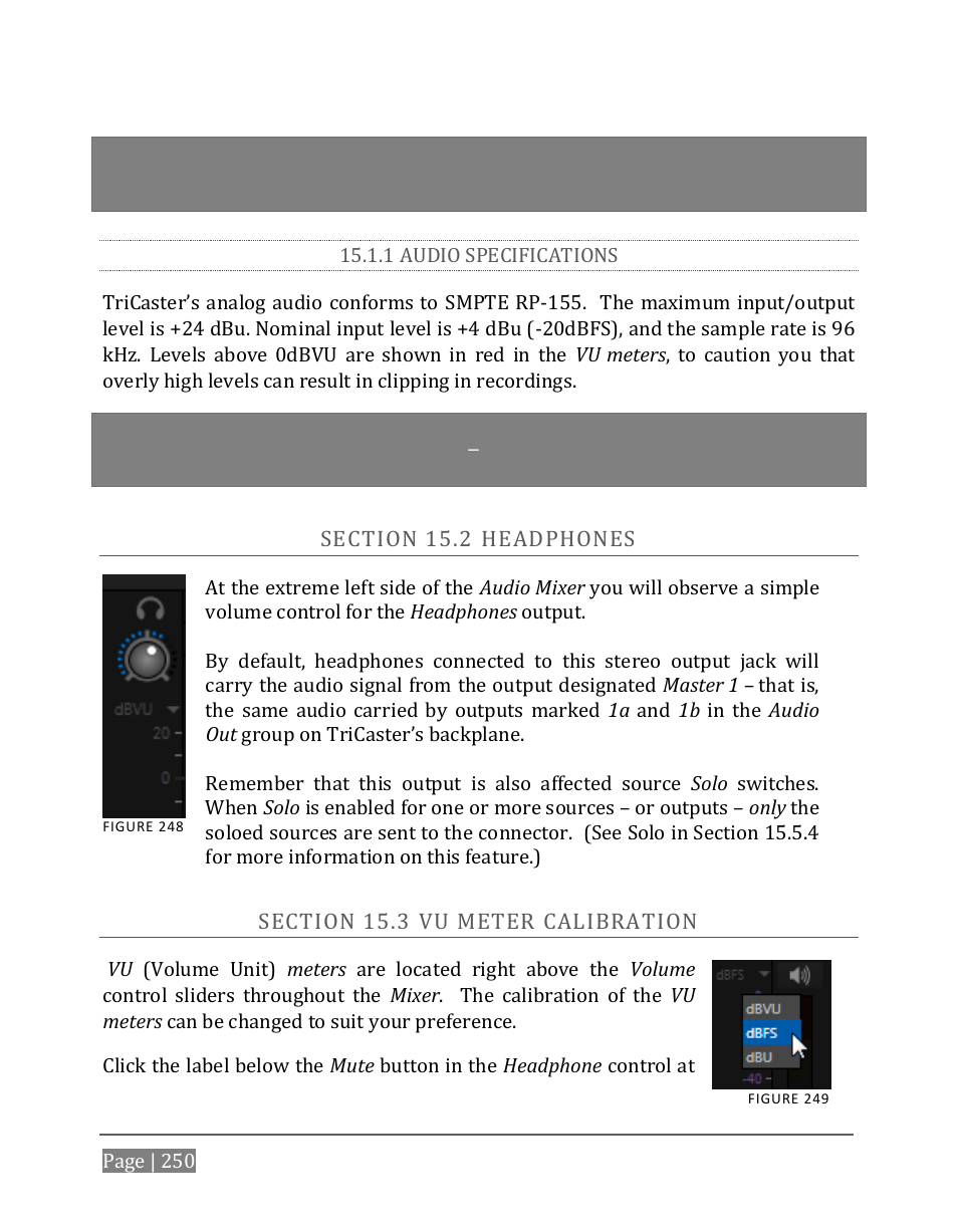 1 audio specifications, Ection, Eadphones | Eter, Alibration | NewTek TriCaster 8000 User Manual | Page 266 / 529
